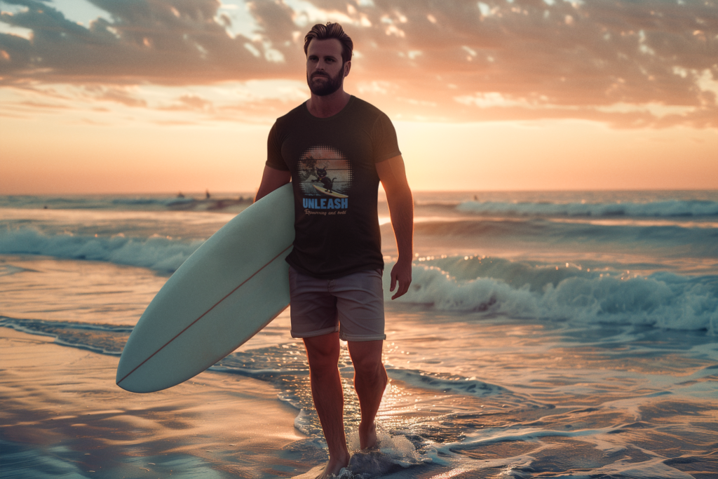 A man is wearing a Sunset Wave-Riding Cat T-shirt .