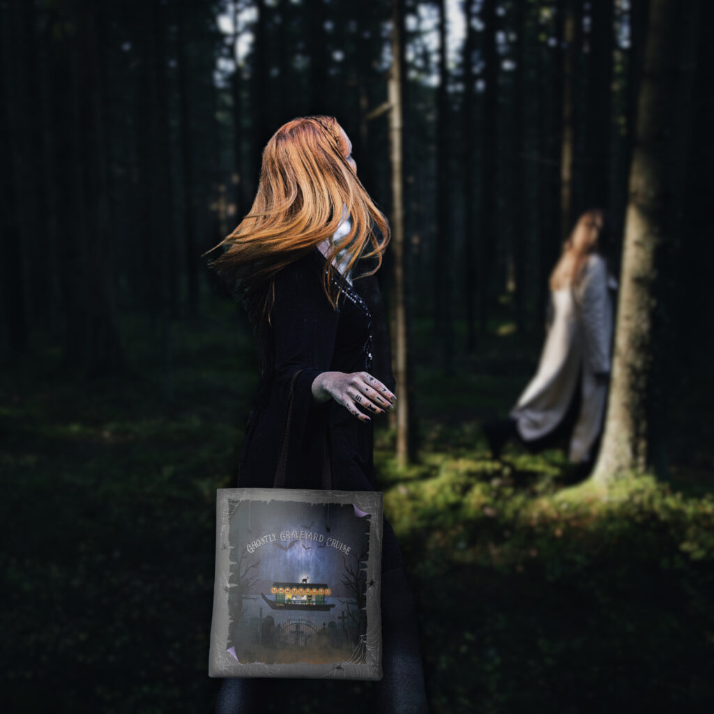 A woman with a tote bag wanders through the forest.